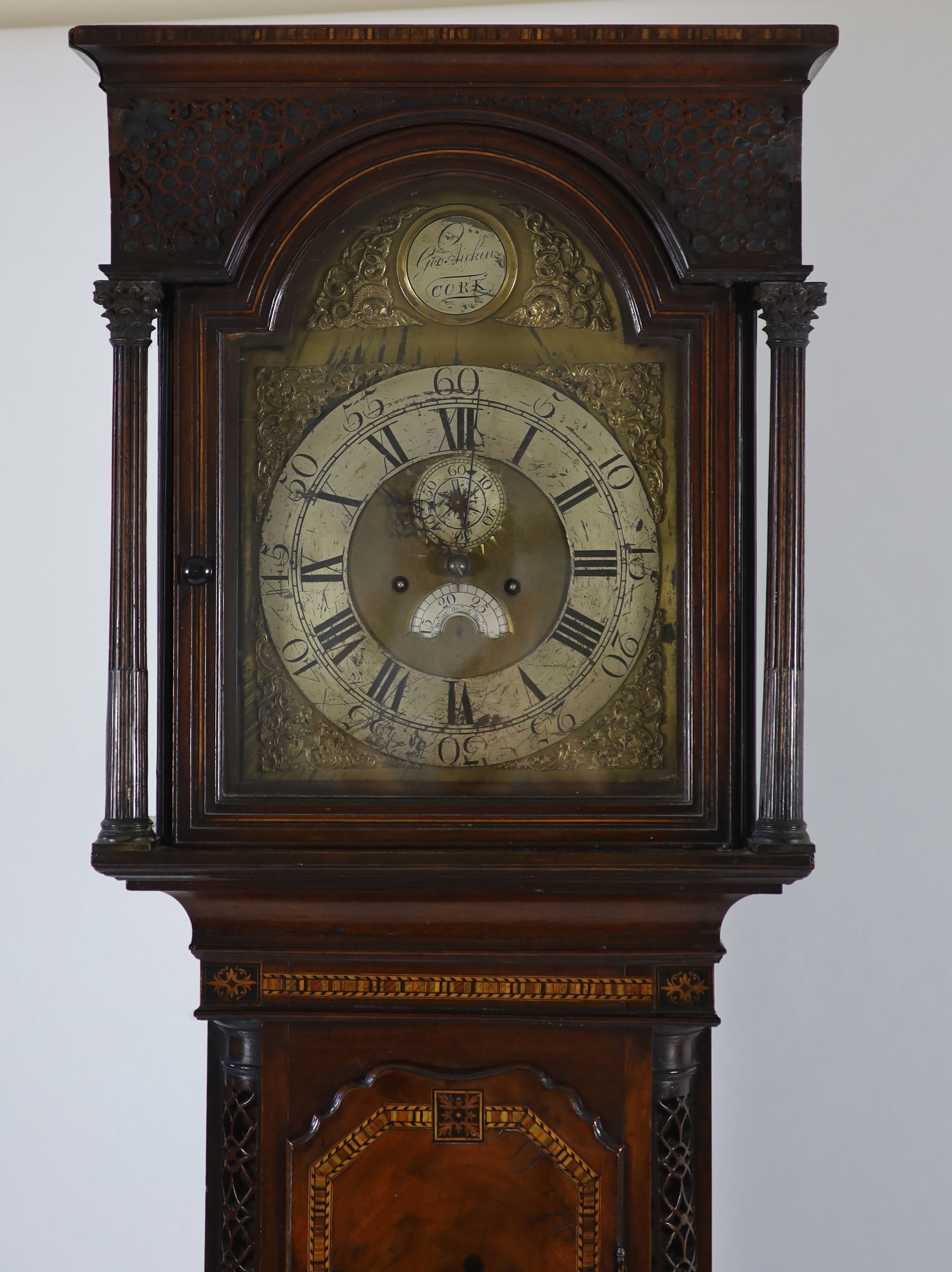 George Aickin of Cork. A George III inlaid mahogany eight day longcase clock, W.57cm H.236cm